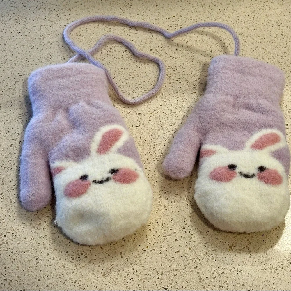 Kids Cute Bunny Face Purple Mittens with String